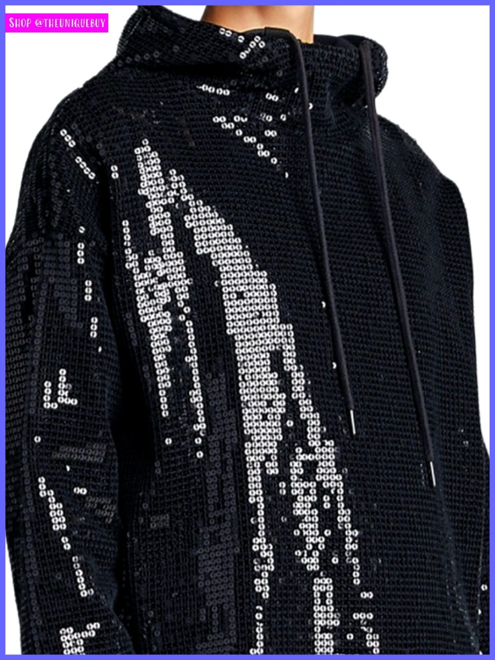 Alice + Olivia Niki Black Sequin Funnel Neck Cropped Pullover Hoodie Sweater
